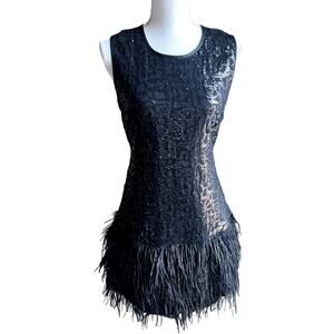 Devlin black sequin feather evening cocktail party dress size S